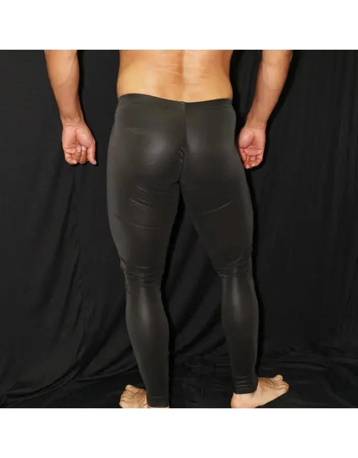 Black eco leather runner tights by Arroyman featuring a sleek fit and smooth texture shown from the back.