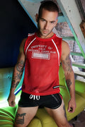 Red mesh tank top gymnetixxx jersey with white trim and property of text across the chest