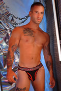 Gymnetixxx jock black and red athletic briefs with bold design and barefoot brand name on waistband