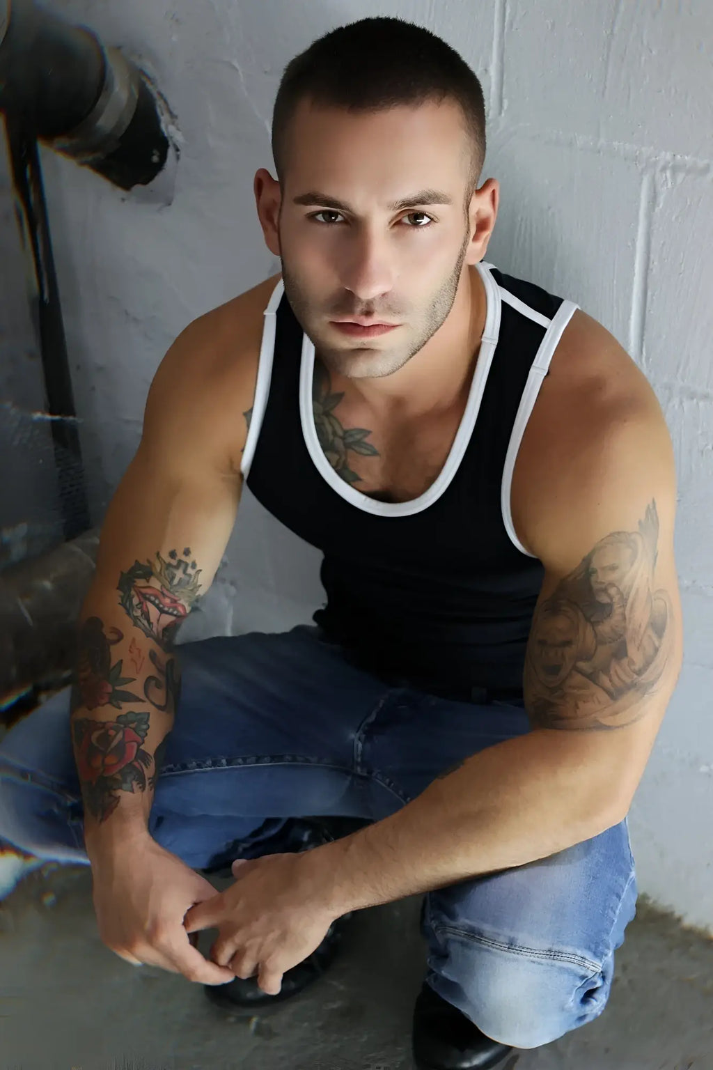 Gymnetixxx tank black and white fitted tank top with contrasting white trim on neckline and armholes