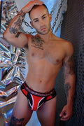 Gymnetixxx thong athletic briefs in red black and white with bold dresden logo on the waistband