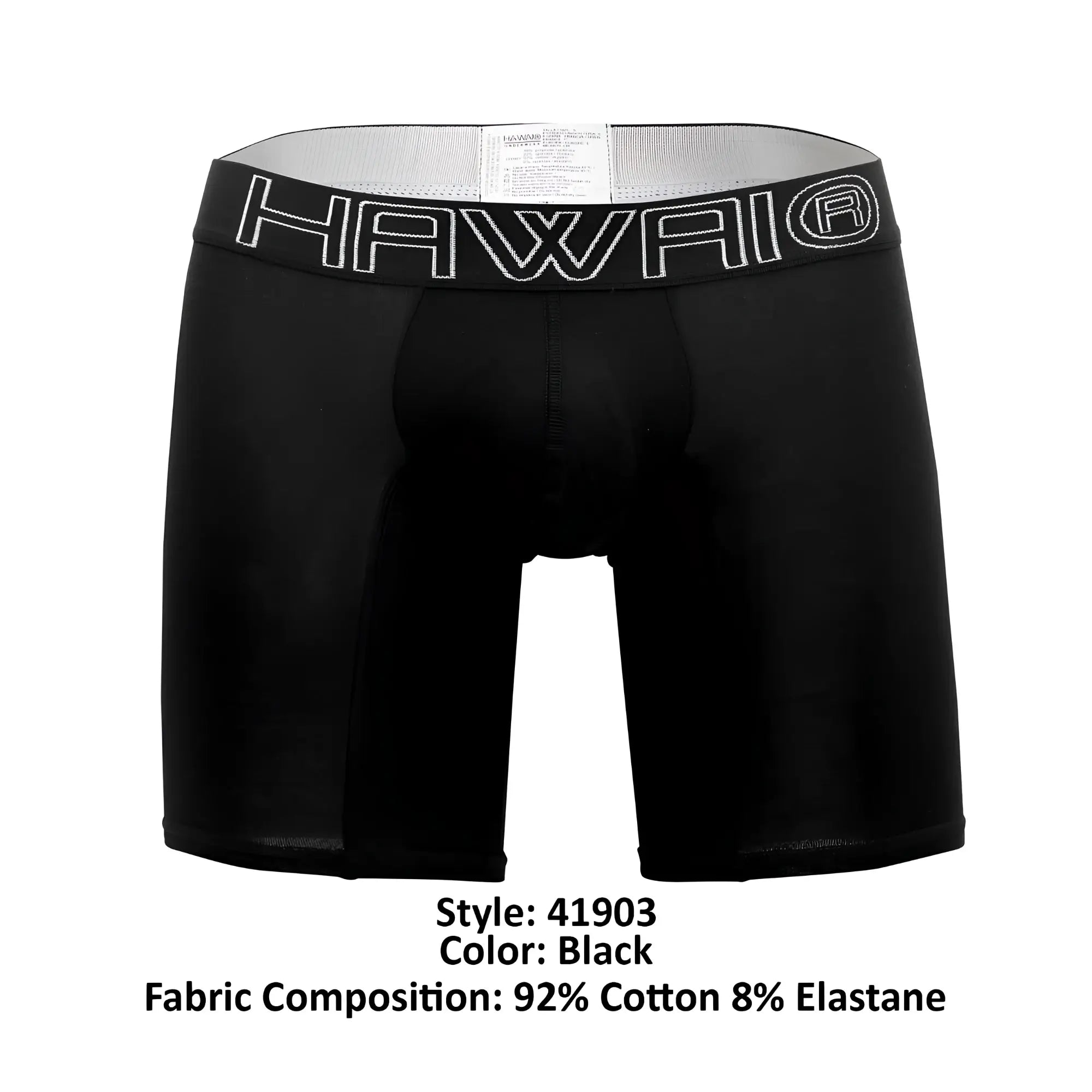 Black hawaii boxer briefs in black with gray waistband featuring white lettering and 8% elastane blend for comfort