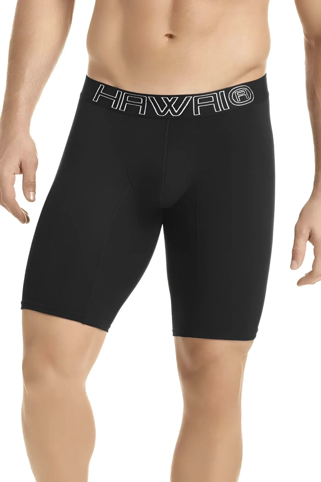 Black Hawaii brand men’s compression boxer briefs in solid black with a white outlined logo on the waistband