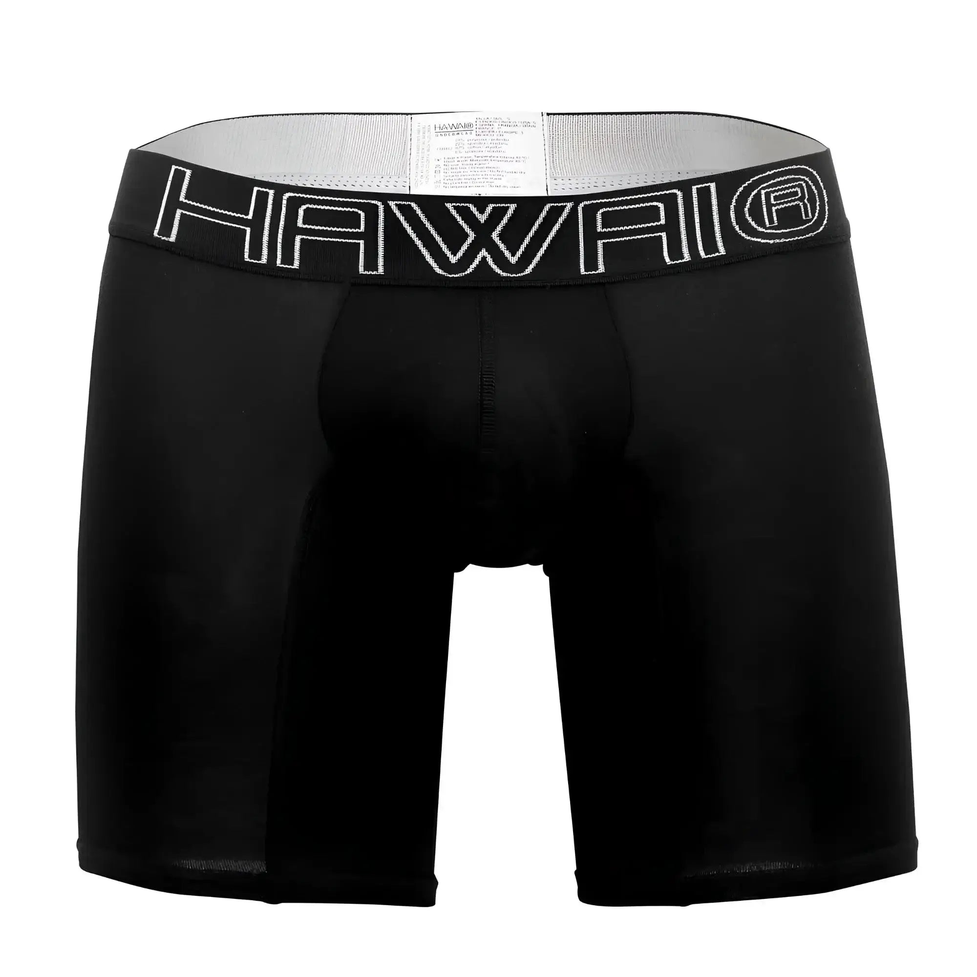 Black hawaii boxer briefs with white outlined logo on waistband in solid black for athletic use