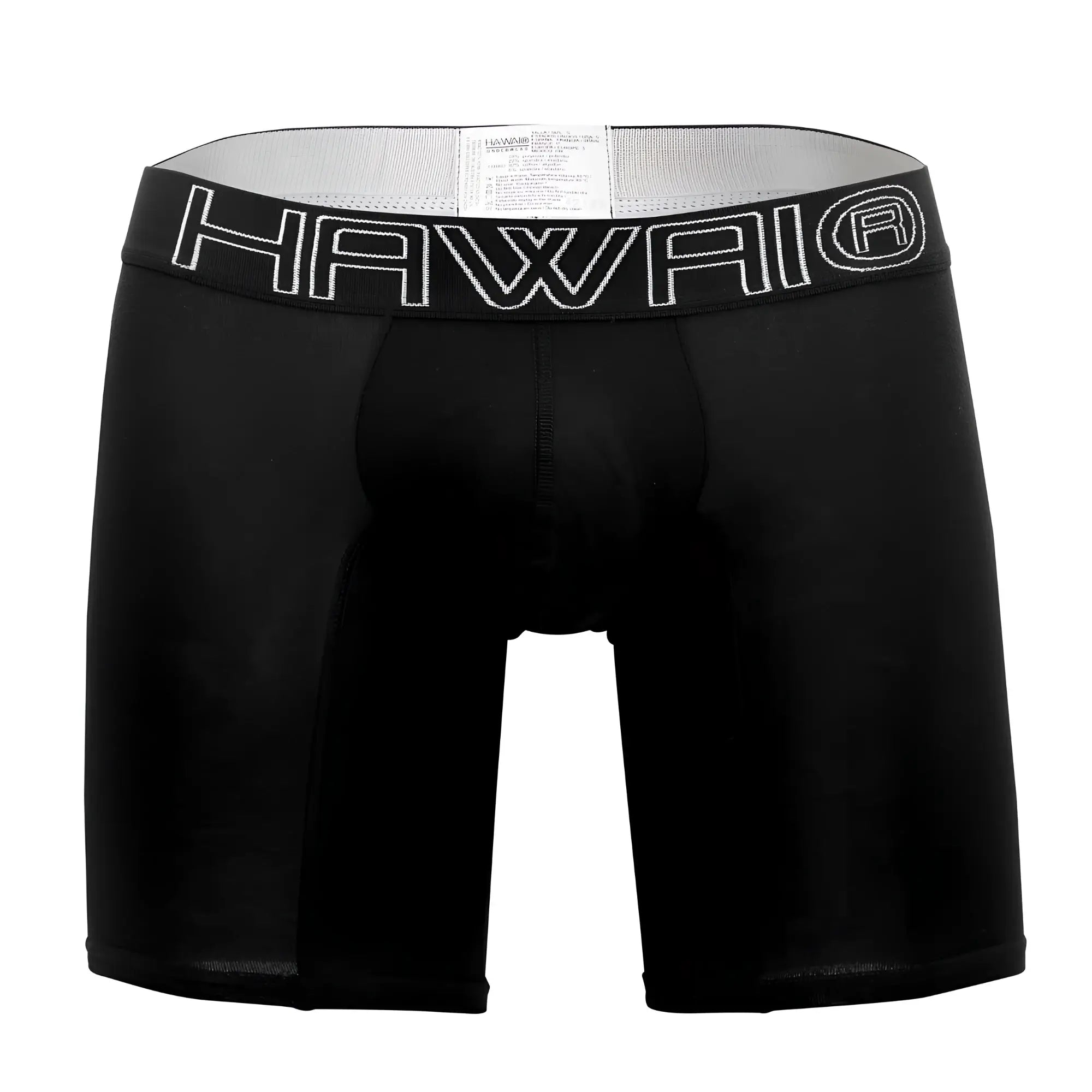Black hawaii boxer briefs with white outlined logo on waistband in solid black for athletic use