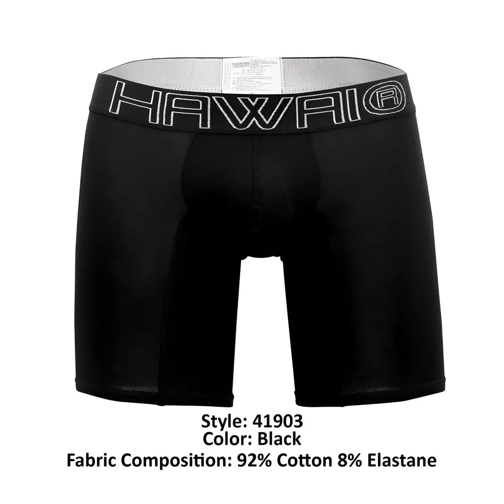 Black hawaii boxer briefs in black with gray waistband featuring white lettering and 8% elastane blend for comfort