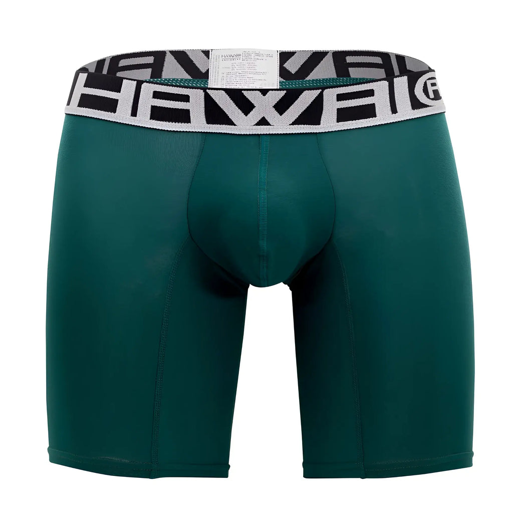 Dark green men’s athletic boxer briefs with a black and white patterned waistband featuring hawaii brand name