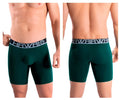 Dark green men’s boxer briefs with a black and gray elastic hawaii waistband designed for athletic use