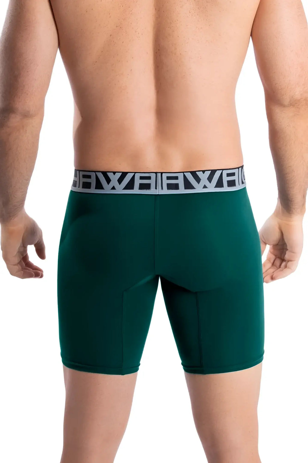 Dark green Hawai 41903 solid athletic men’s boxer briefs with gray elastic waistband and black Hawai logo