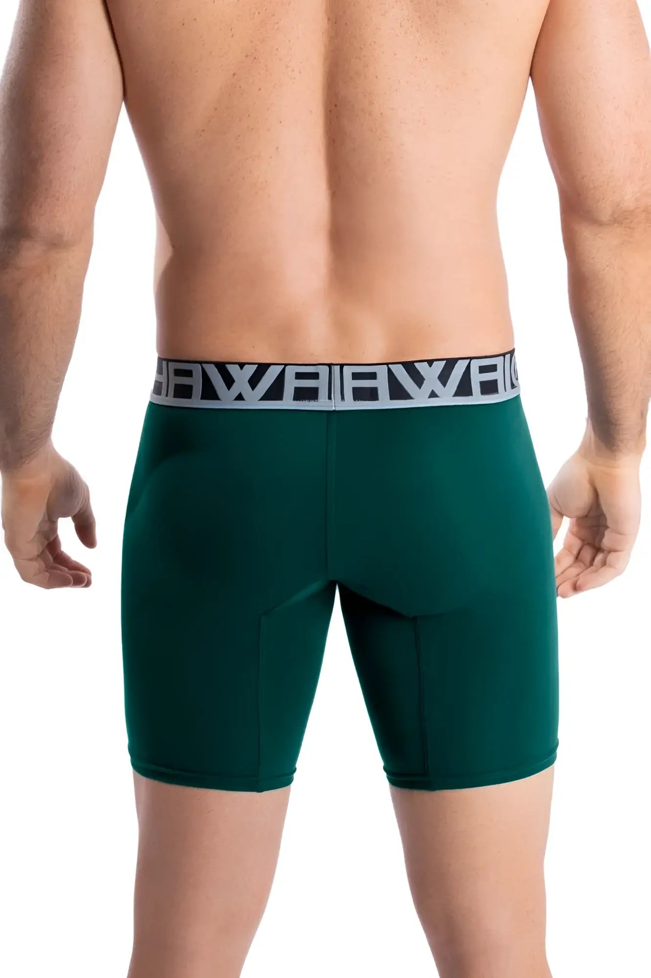 Dark green Hawai 41903 solid athletic men’s boxer briefs with gray elastic waistband and black Hawai logo