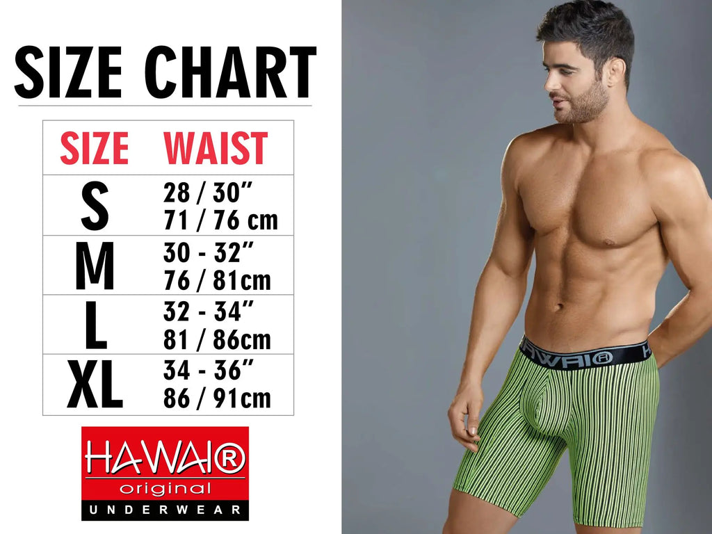 Green and white striped hawaii boxer briefs with black logo waistband designed for athletic comfort