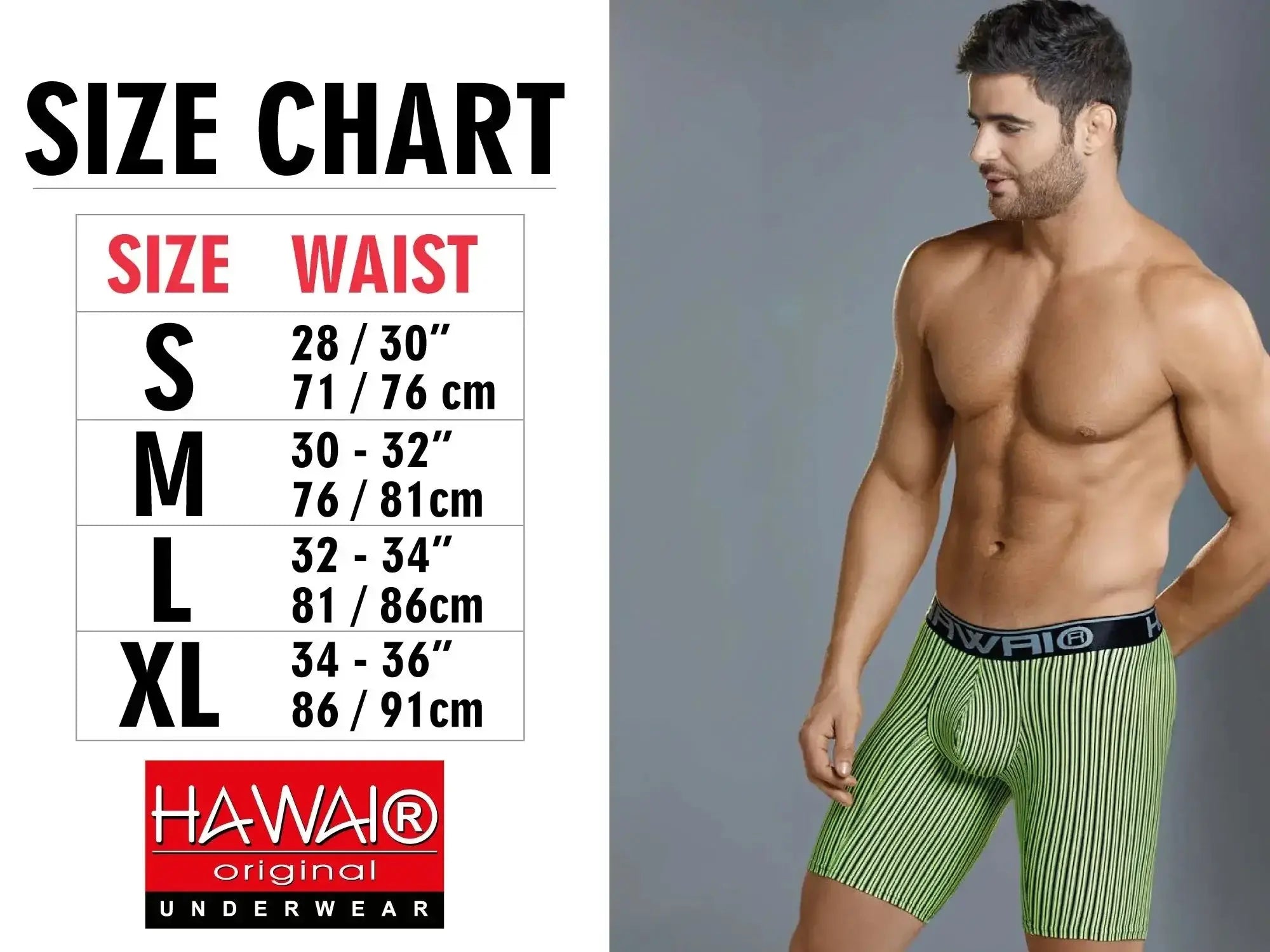 Green and white striped men’s boxer briefs with black elastic hawaii logo waistband in petrol color for athletic use