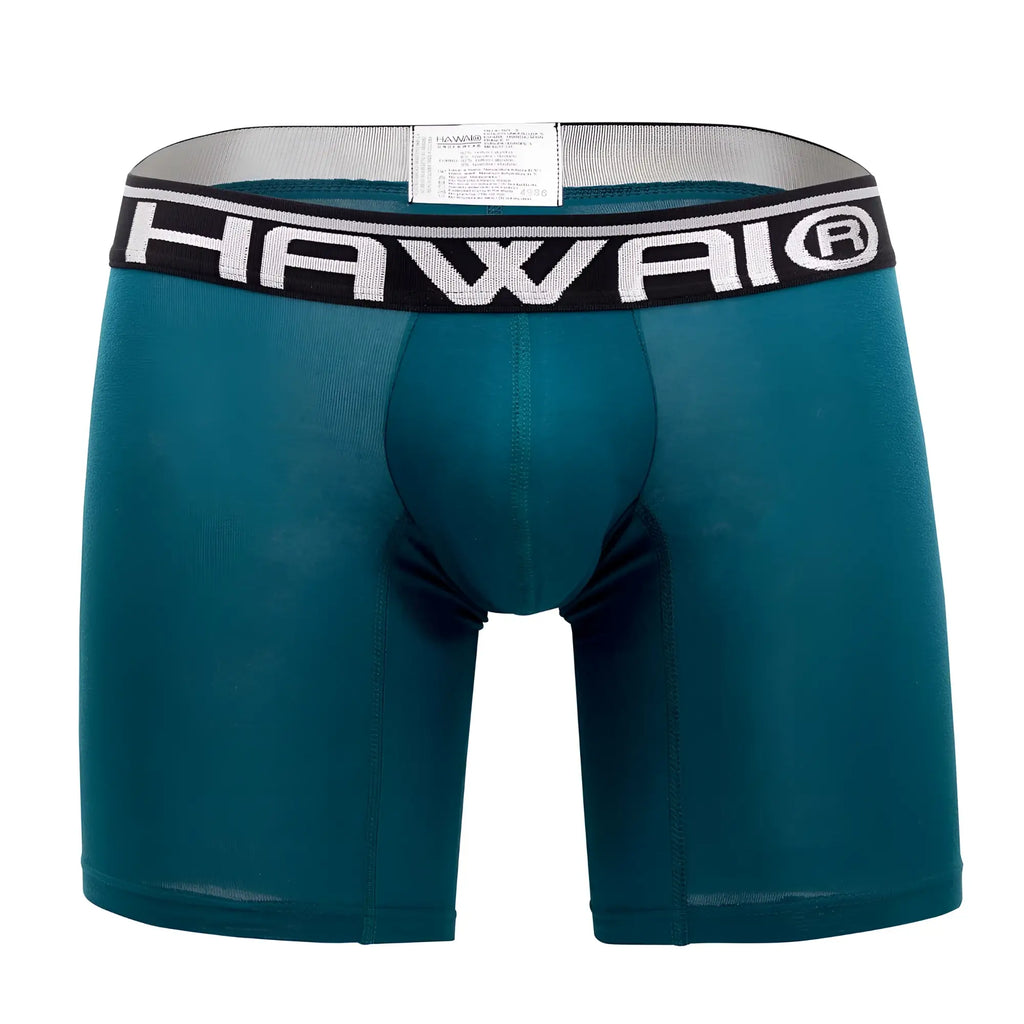 Teal-colored hawaiian brand HAWAI 41903 solid athletic boxer briefs with black waistband and white lettering in petrol color