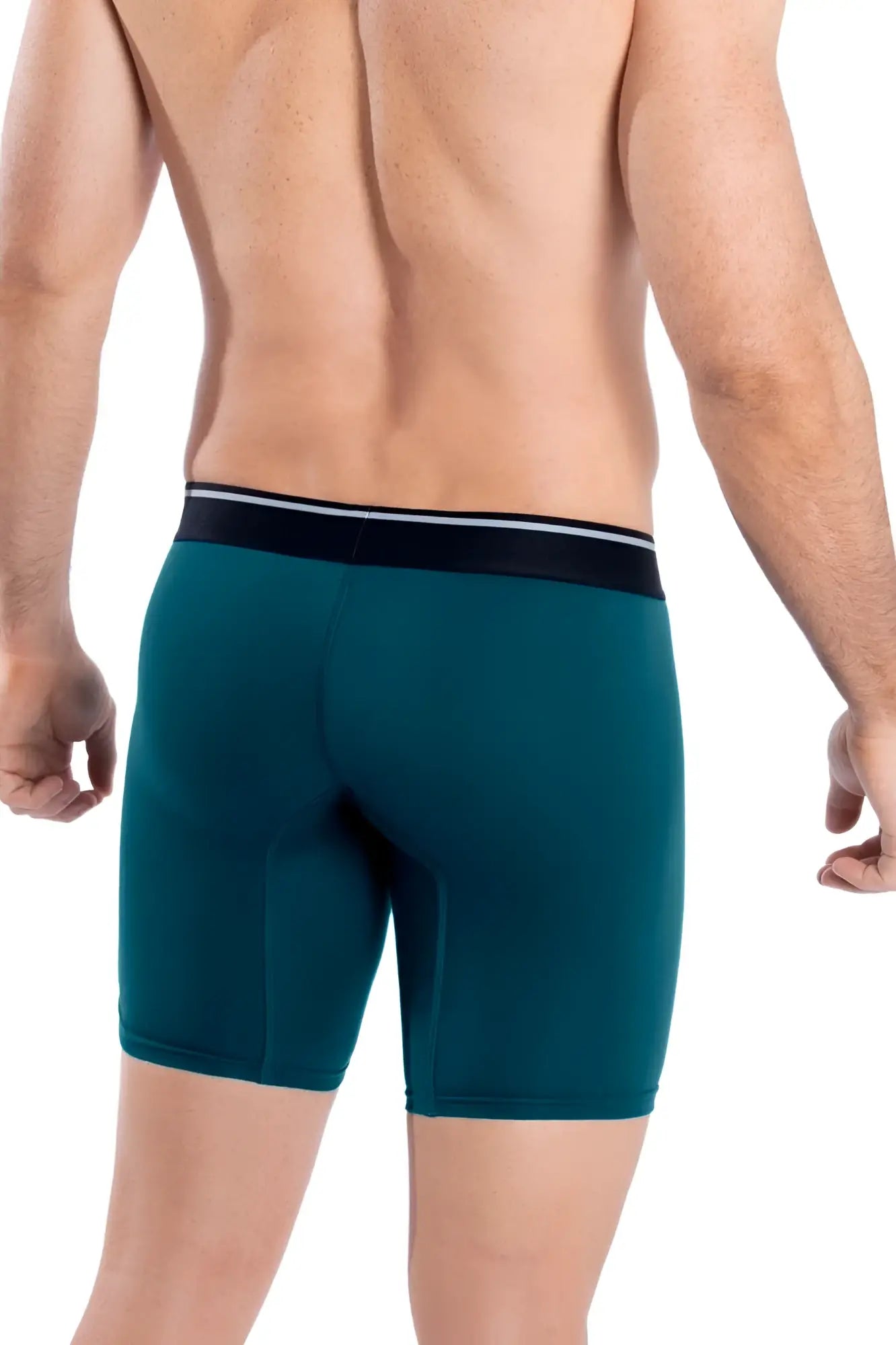 Teal men’s boxer briefs with black waistband and white trim in HAWAI 41903 solid athletic petrol color