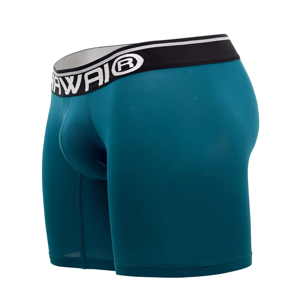 Teal-colored men’s boxer briefs with black waistband and hawai logo in white, solid athletic style color petrol