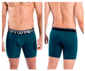 Teal colored hawaii 41903 solid athletic men’s boxer briefs with black and white logo waistband in petrol color