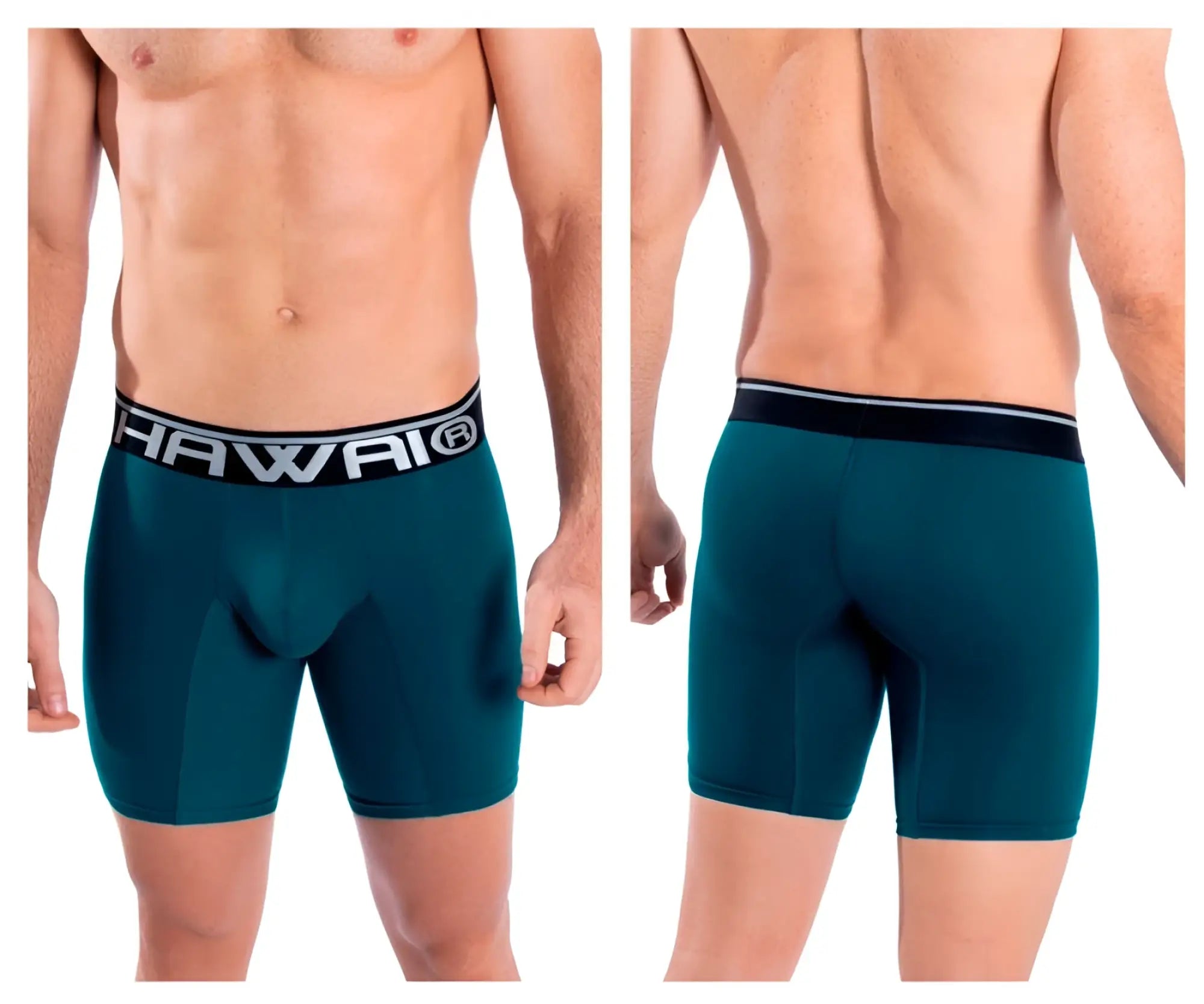 Teal colored hawaii 41903 solid athletic men’s boxer briefs with black and white logo waistband in petrol color