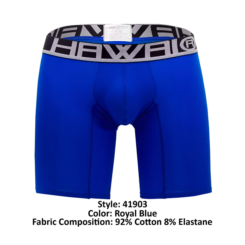 Royal blue hawai 41903 solid athletic boxer briefs with black and gray patterned waistband featuring brand logo