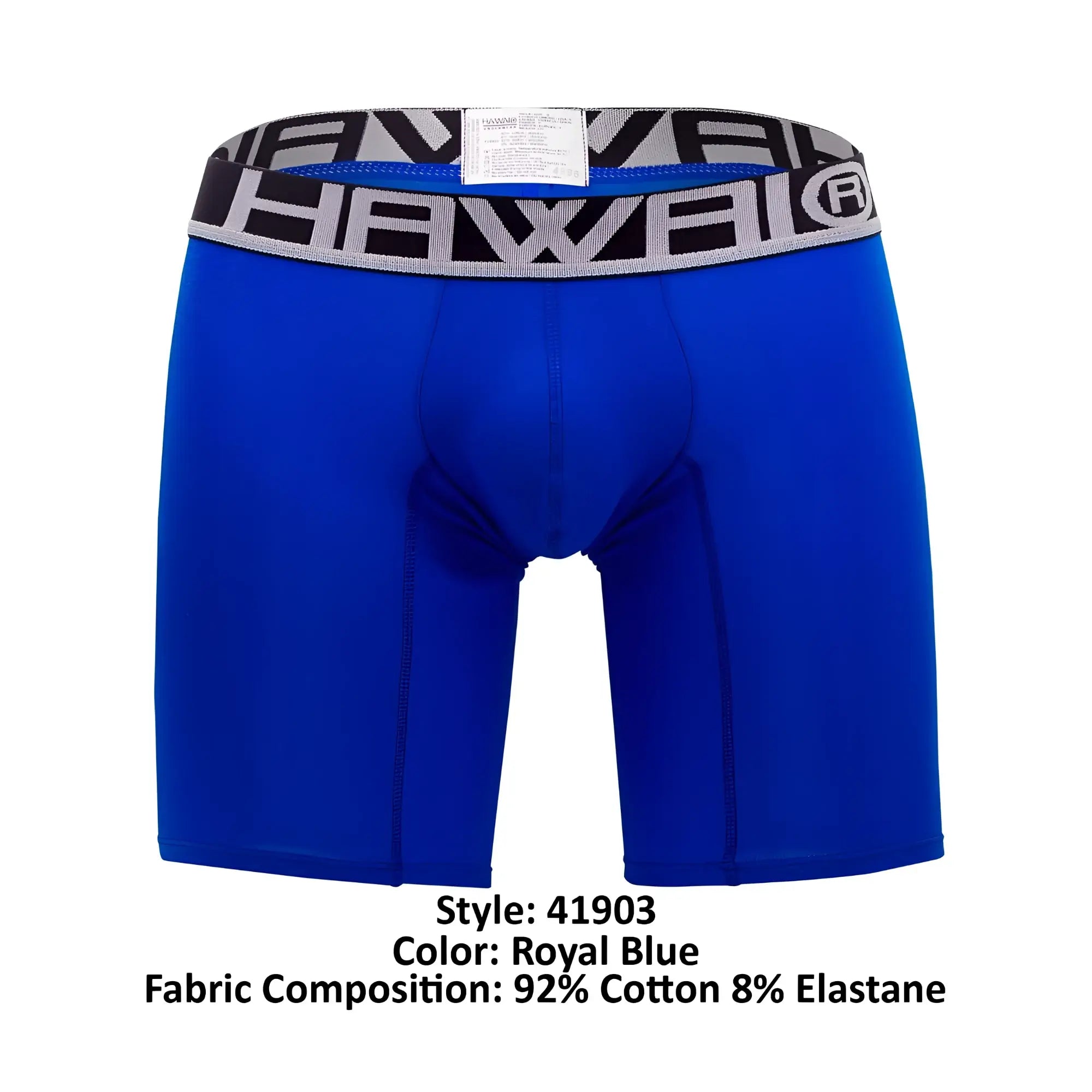 Royal blue hawai 41903 solid athletic boxer briefs with black and gray patterned waistband featuring brand logo