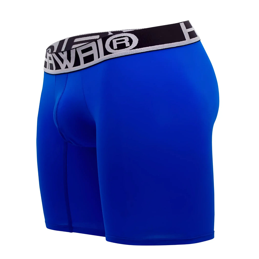 Bright blue hawai 41903 solid athletic men’s boxer briefs with black gray elastic waistband and brand logo
