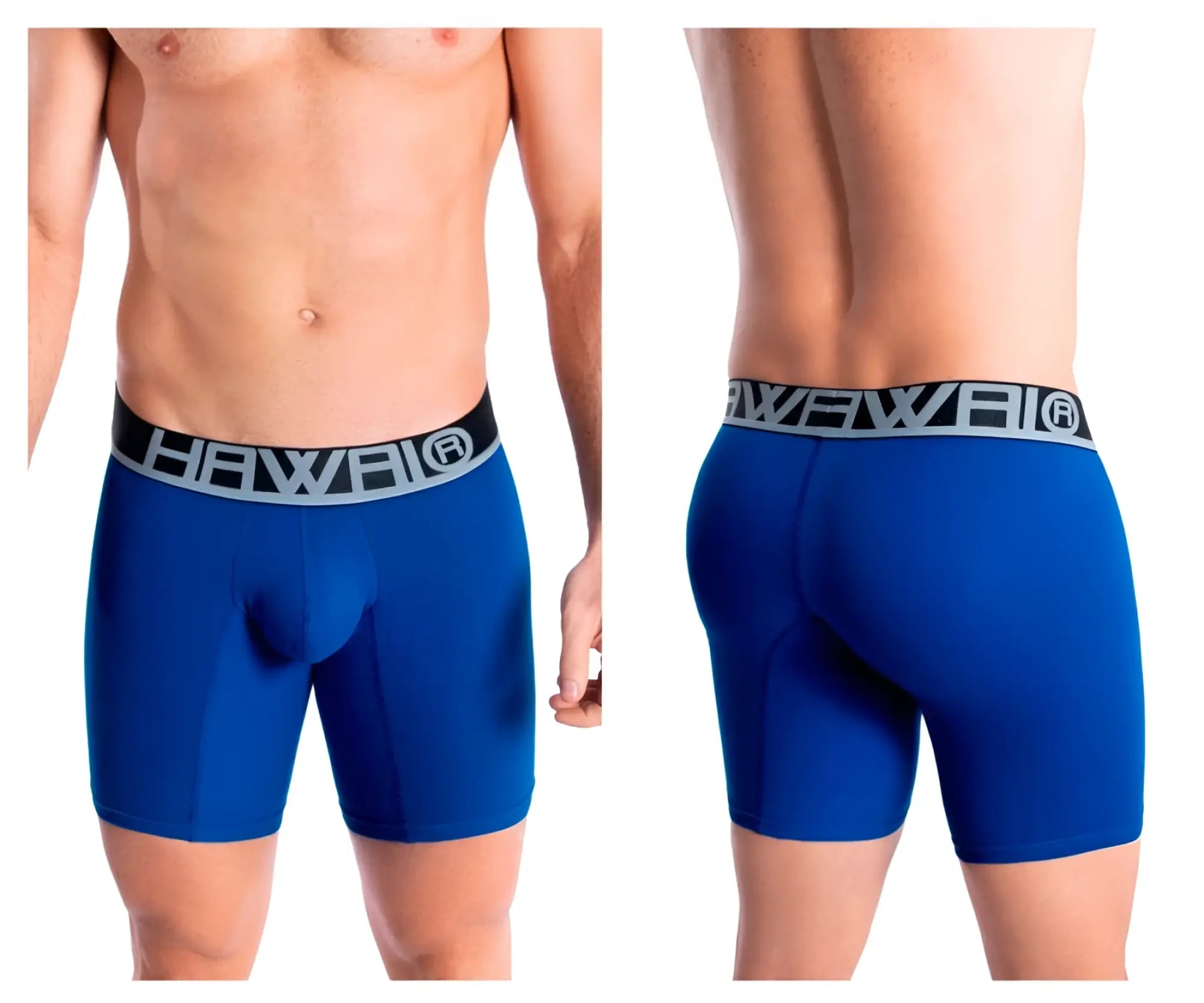 Blue hawai brand royal blue men’s athletic boxer briefs with black waistband and gray lettering in solid design