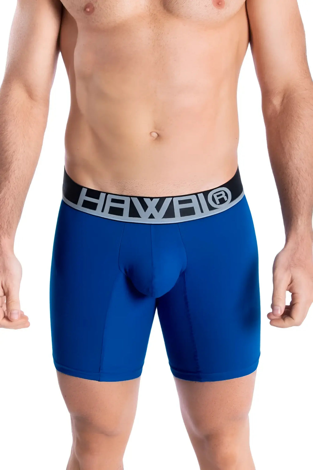 Blue men’s boxer briefs with a black waistband and hawaii logo in silver designed for athletic use
