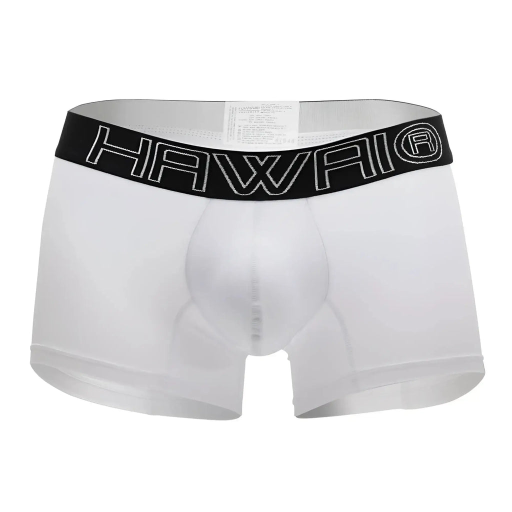 White Hawaii 41948 boxer briefs with black elastic waistband and white outlined brand name lettering