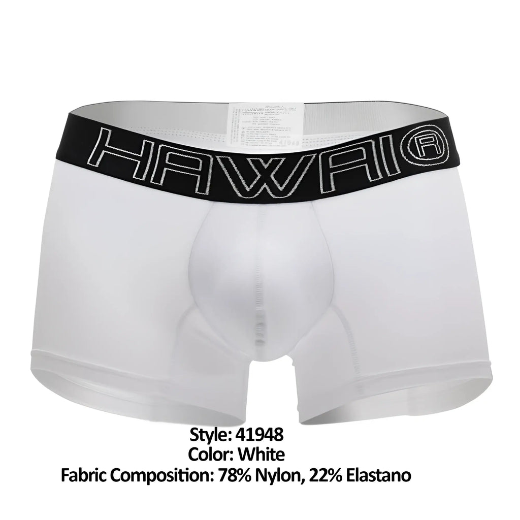 White hawaii boxer briefs in white with a black elastic waistband featuring white outlined lettering