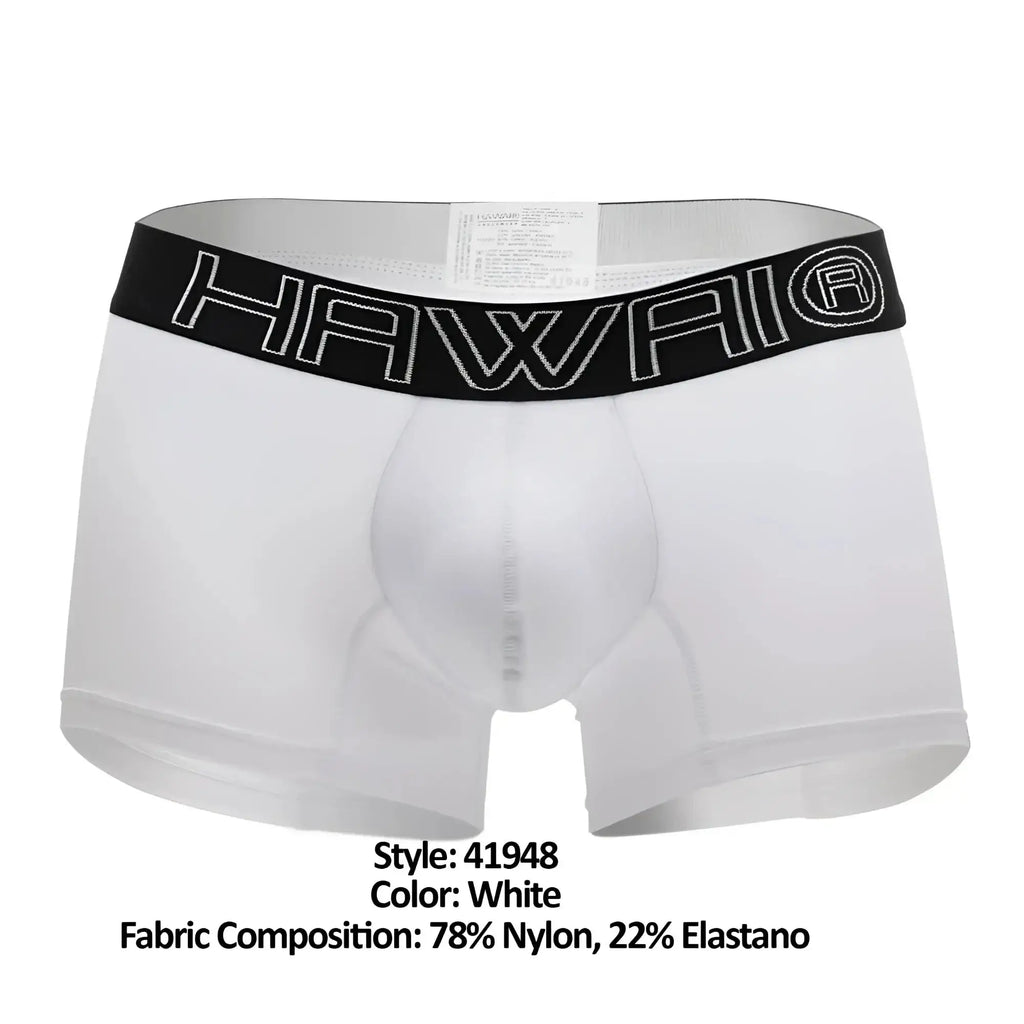 White hawaii boxer briefs in white with a black elastic waistband featuring white outlined lettering