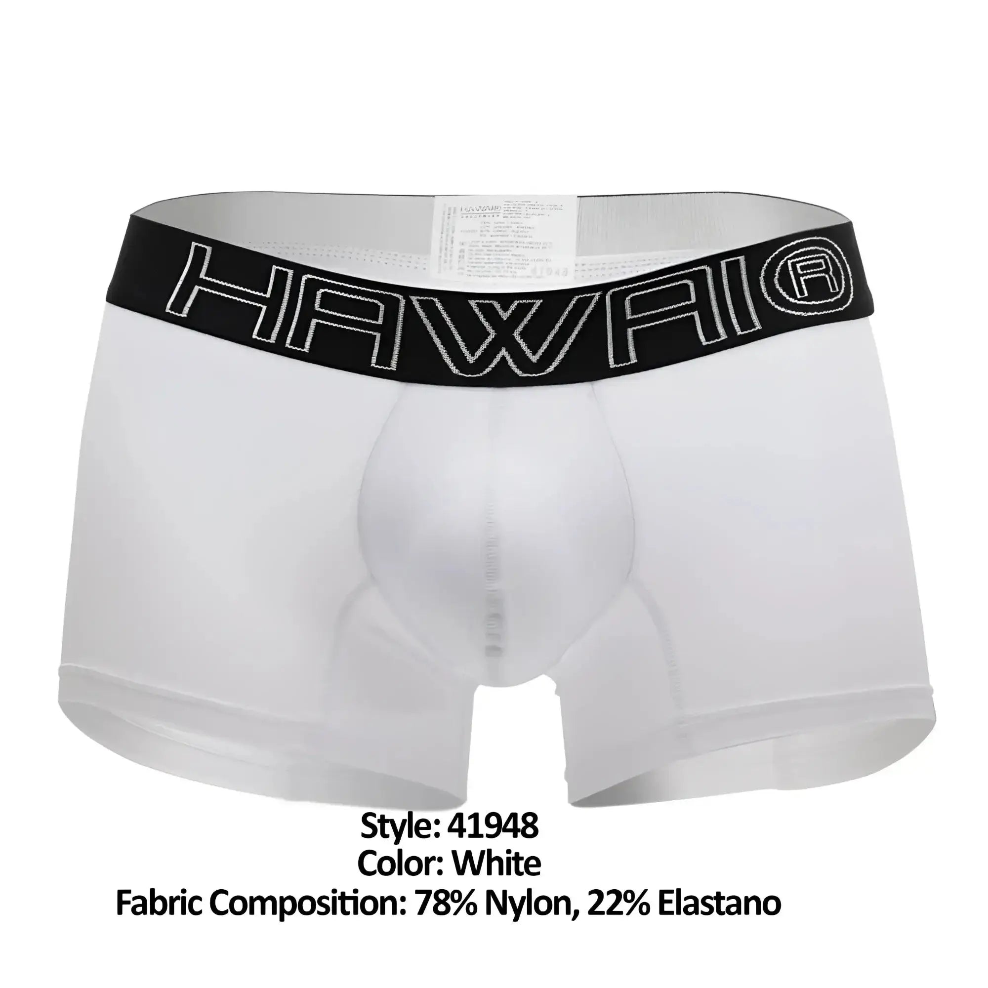 White hawaii boxer briefs in white with a black elastic waistband featuring white outlined lettering