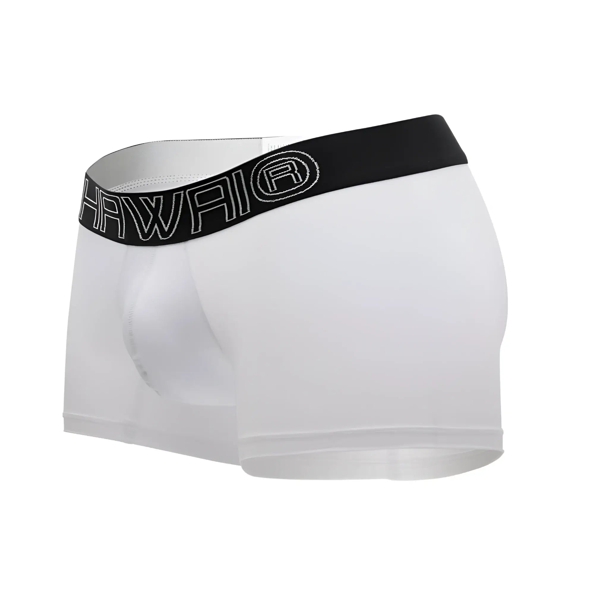 White men’s boxer briefs with a black elastic waistband featuring the hawaii logo in white lettering color white