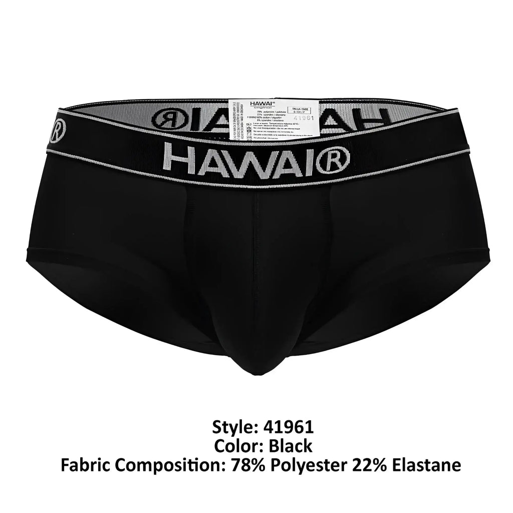 Black hawai microfiber briefs in black with a gray and white logo waistband for comfortable everyday wear