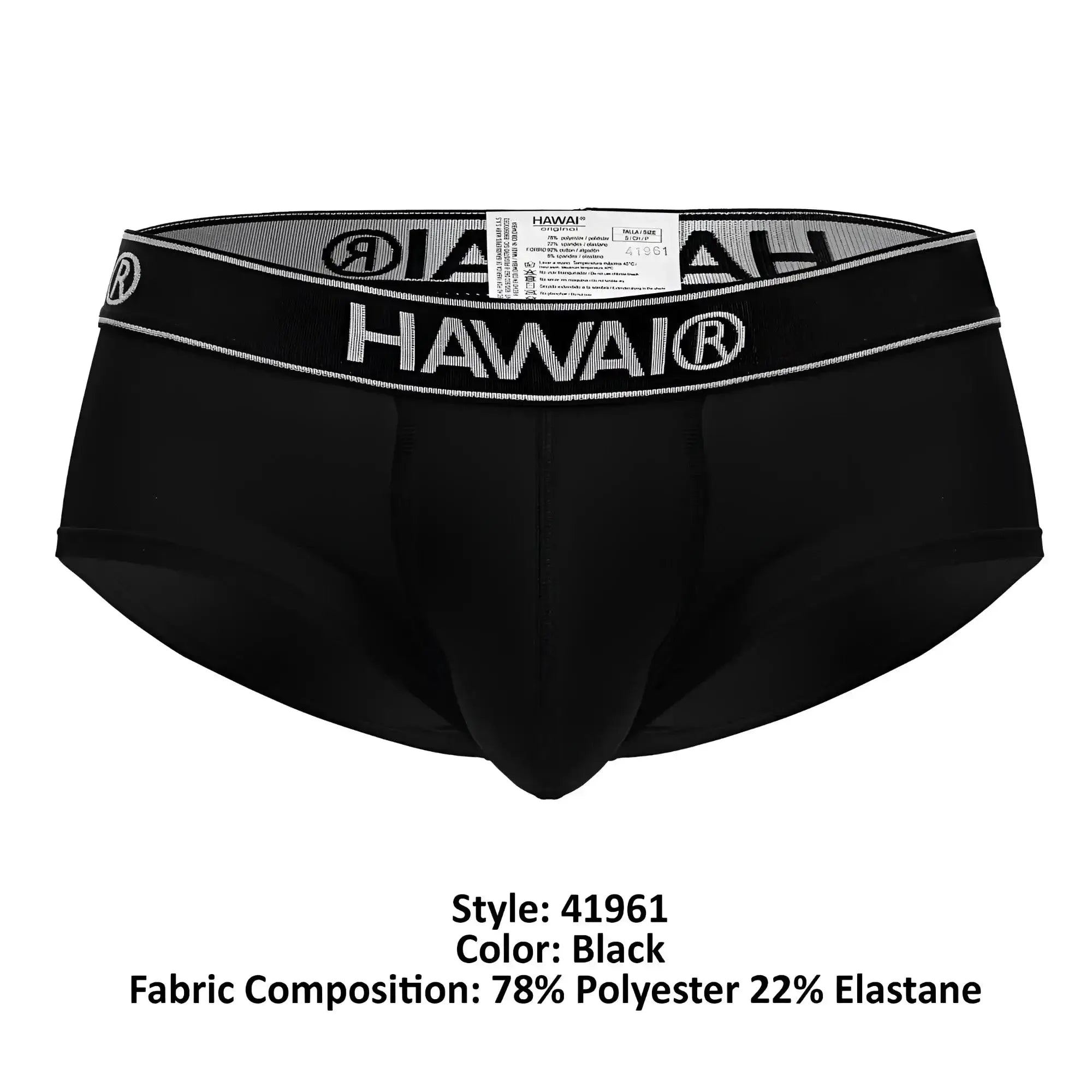 Black hawai microfiber briefs in black with a gray and white logo waistband for comfortable everyday wear