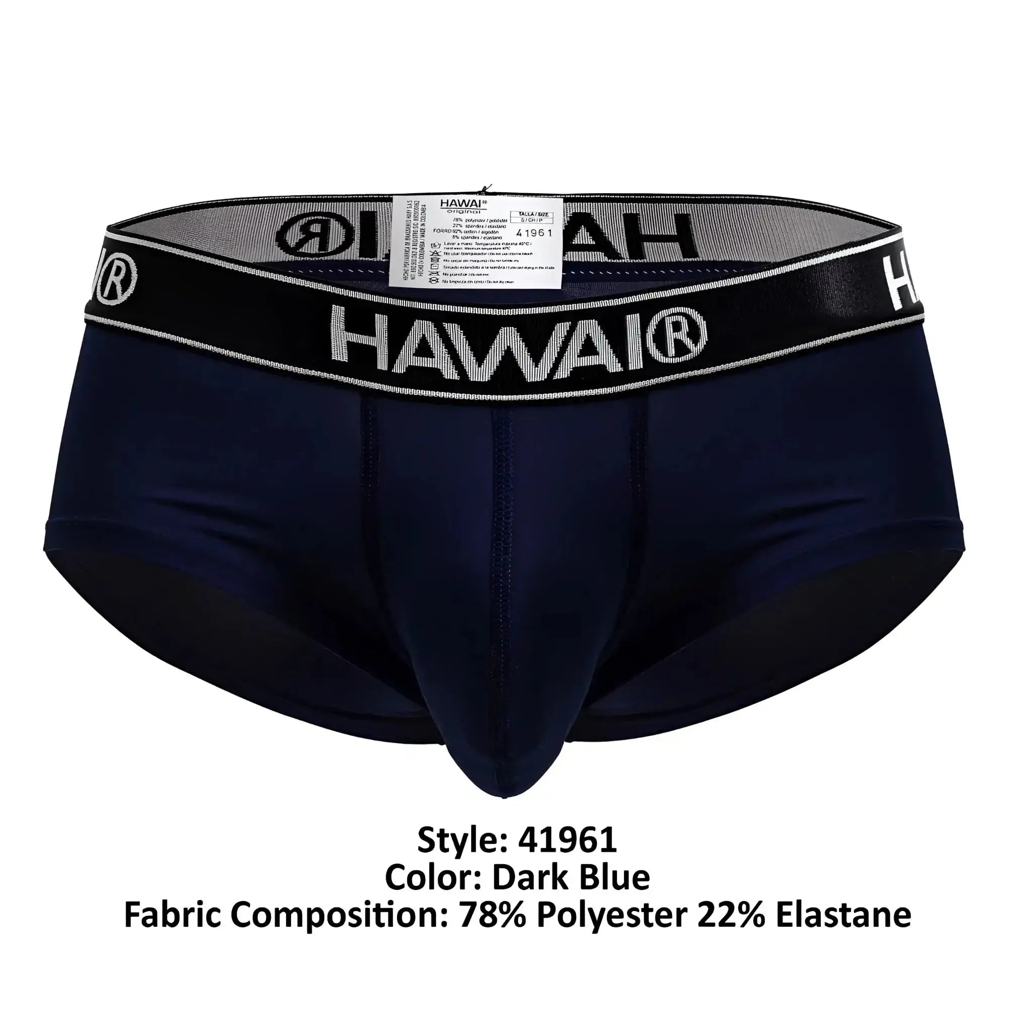 Dark blue hawaiian microfiber men’s briefs with black elastic waistband featuring white lettering and logo