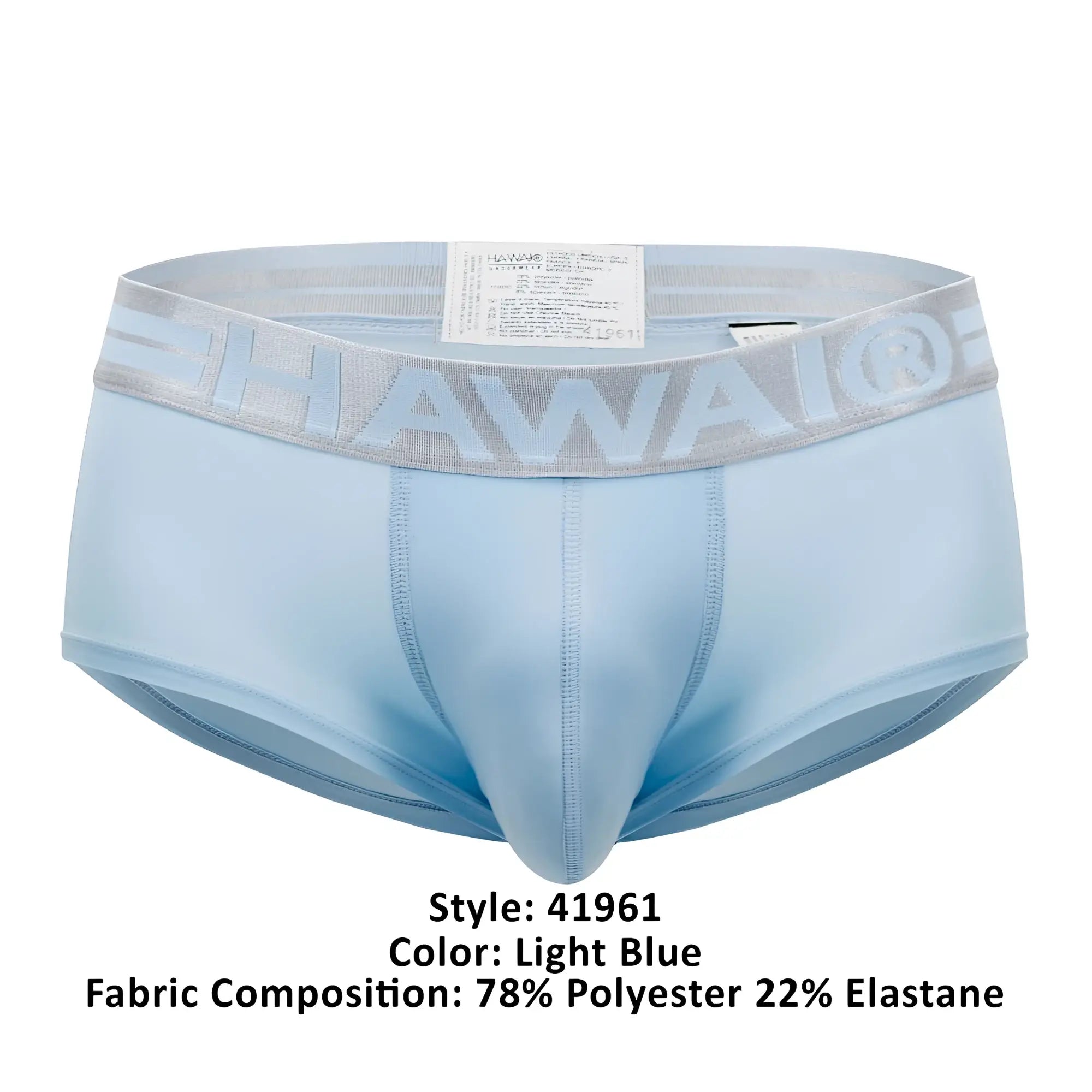 Light blue hawaii 41961 microfiber men’s briefs with gray elastic waistband featuring raised hawaii logo