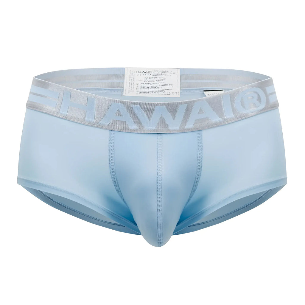 Light blue men’s HAWAI 41961 microfiber briefs with gray elastic waistband featuring raised hawaii logo