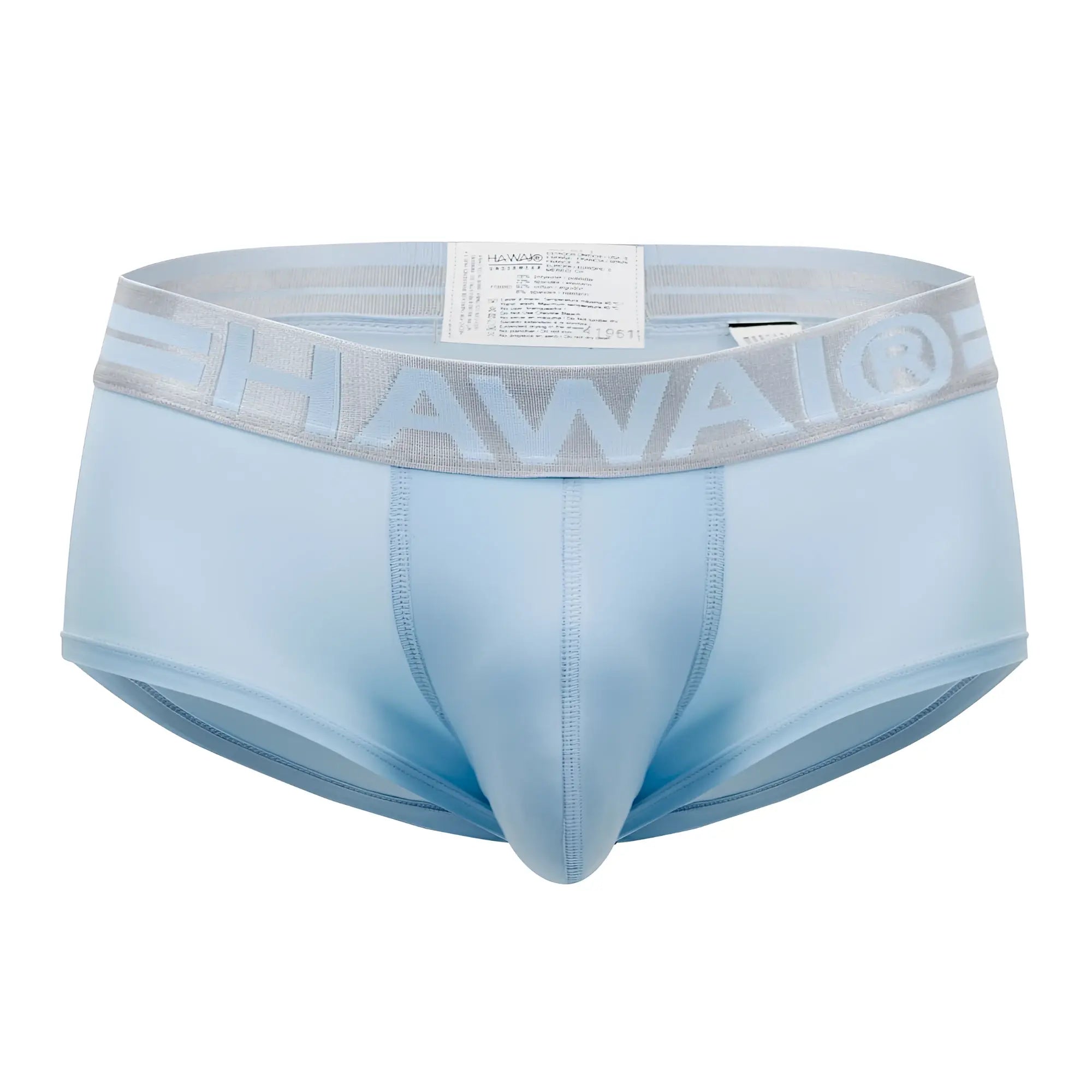 Light blue men’s HAWAI 41961 microfiber briefs with gray elastic waistband featuring raised hawaii logo