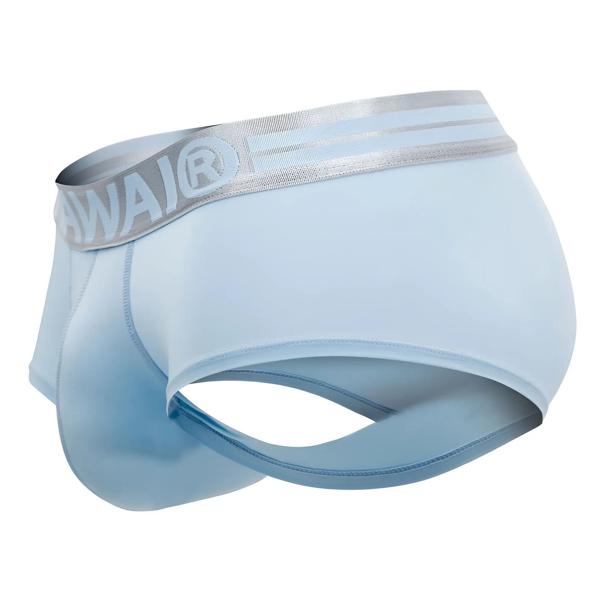 Light blue hawai 41961 microfiber men’s briefs with silver elastic waistband featuring awaijr logo