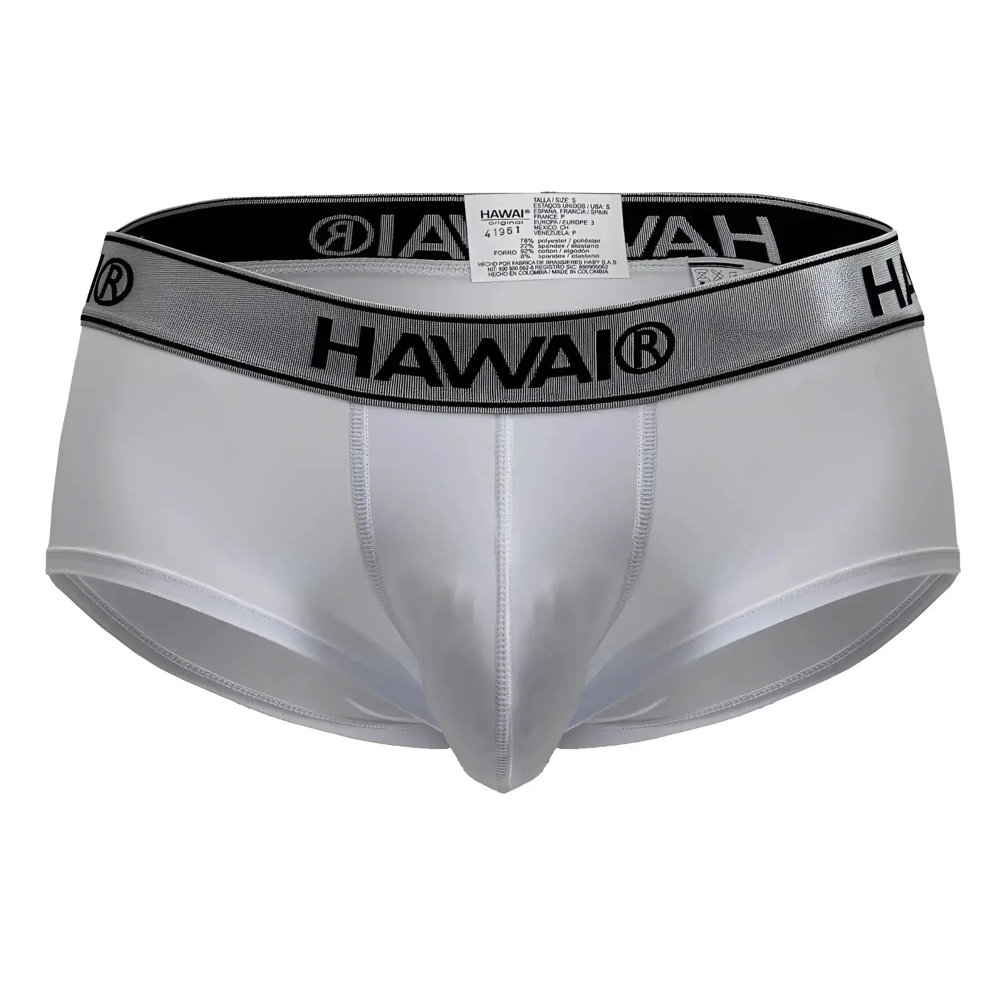 White hawai brand hawair 41961 microfiber briefs in white with a silver and black elastic waistband