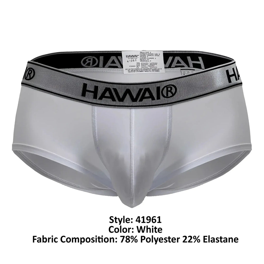 White hawai men’s microfiber briefs with silver elastic waistband featuring black lettering and logo in white color