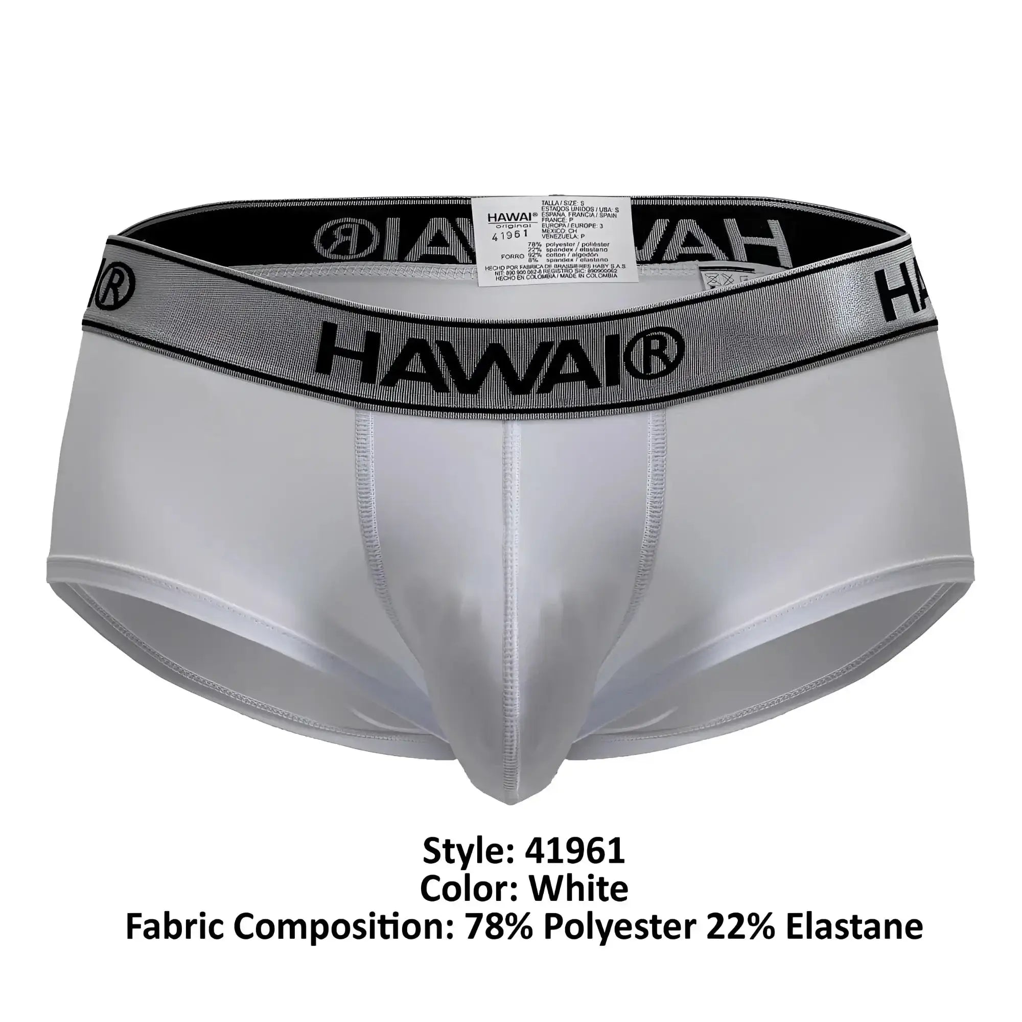 White hawai men’s microfiber briefs with silver elastic waistband featuring black lettering and logo in white color