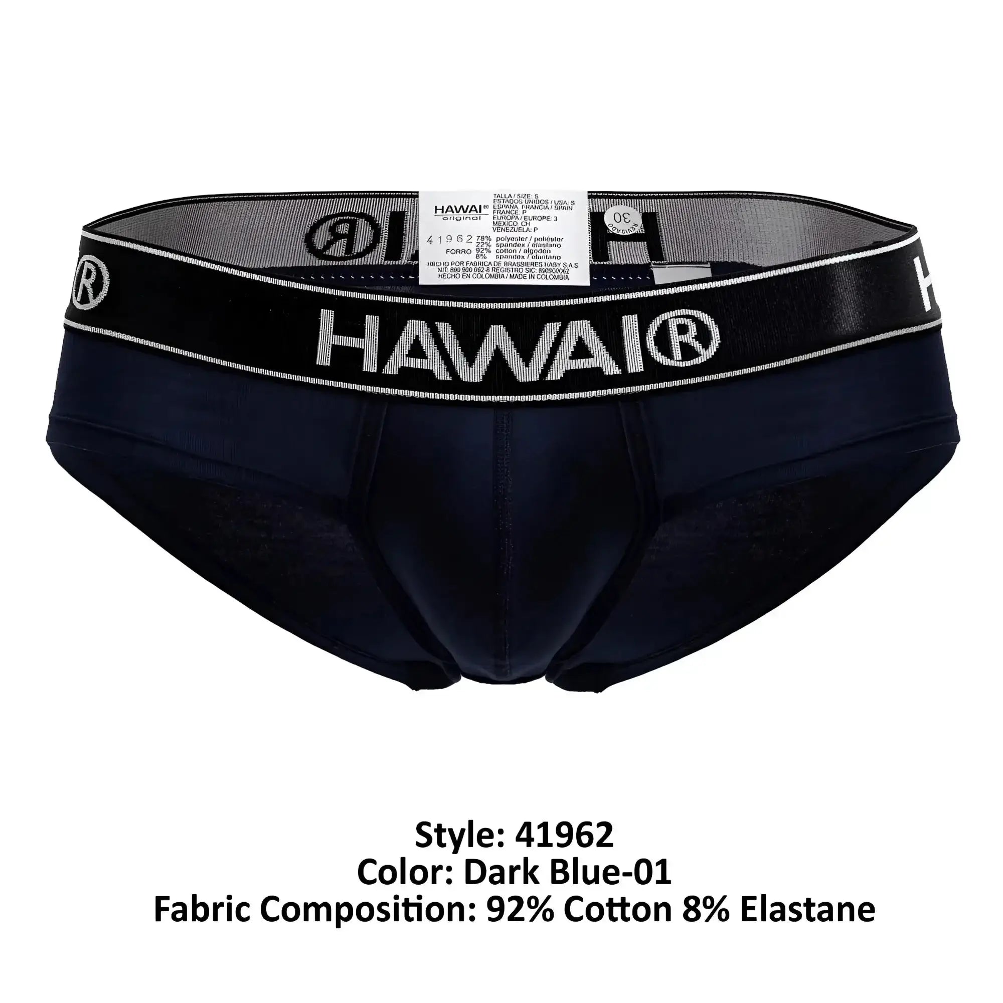 Dark blue hawai men’s cotton blend briefs with black elastic waistband featuring white lettering and logo