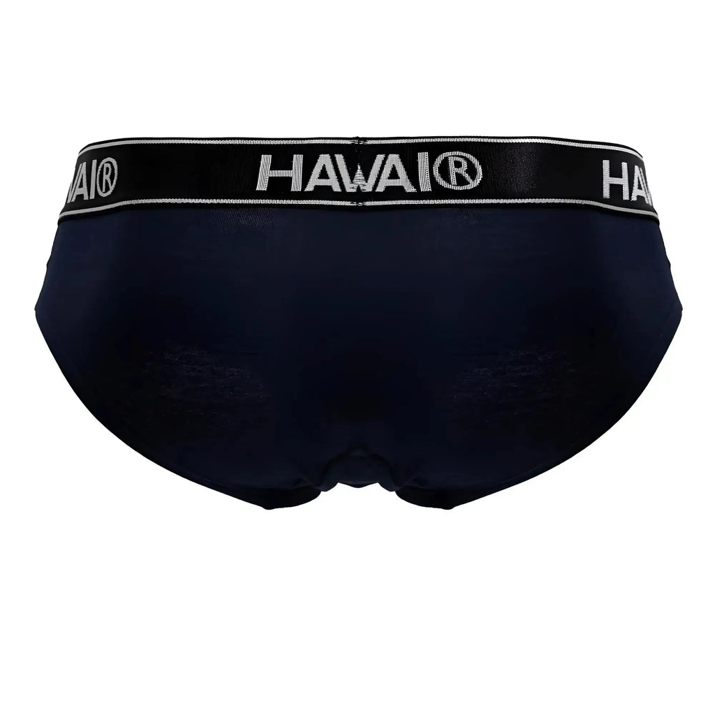 Navy blue Hawai® cotton blend briefs with black elastic waistband featuring white lettering model HAWAIR 41962