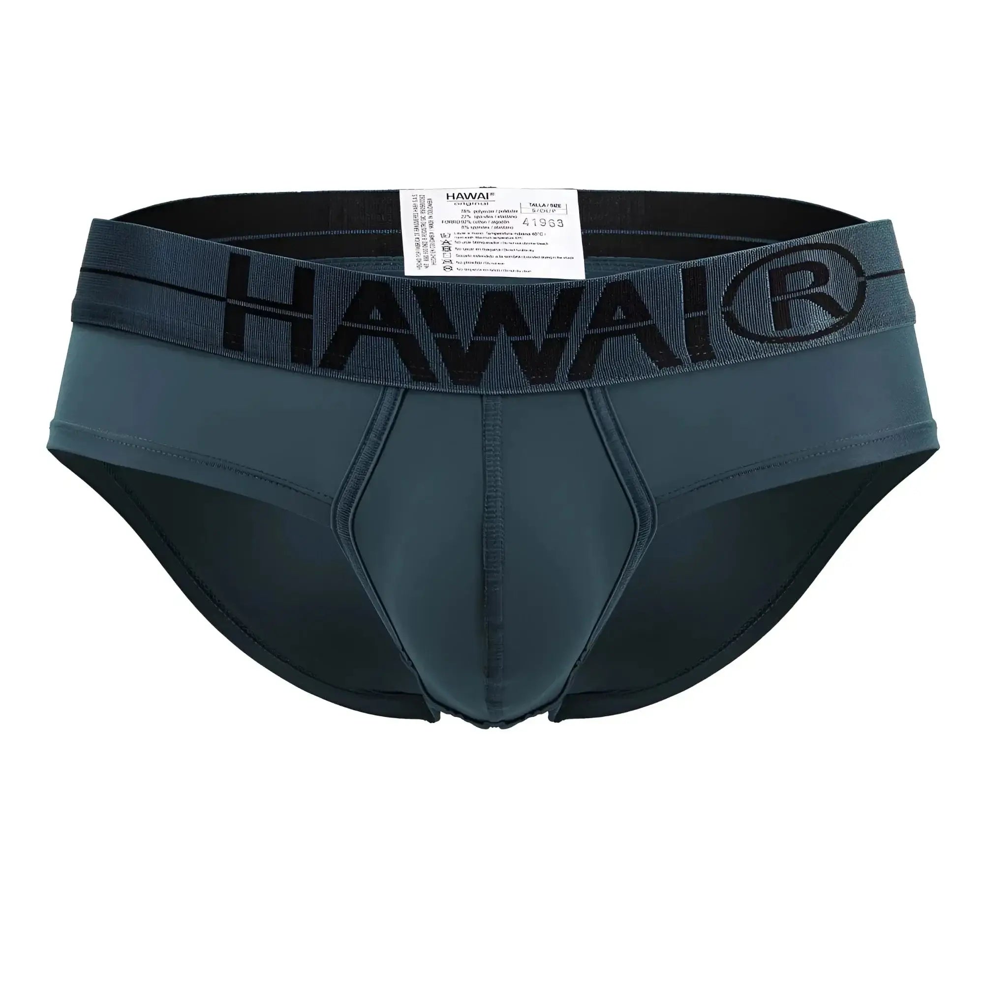 Dark teal hawaii microfiber briefs with black elastic waistband featuring hawai logo in green color