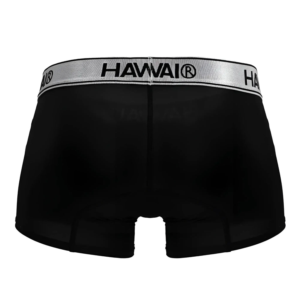 Black hawai boxer briefs in black microfiber with silver waistband featuring bold black lettering HAWAIR 41977 trunks