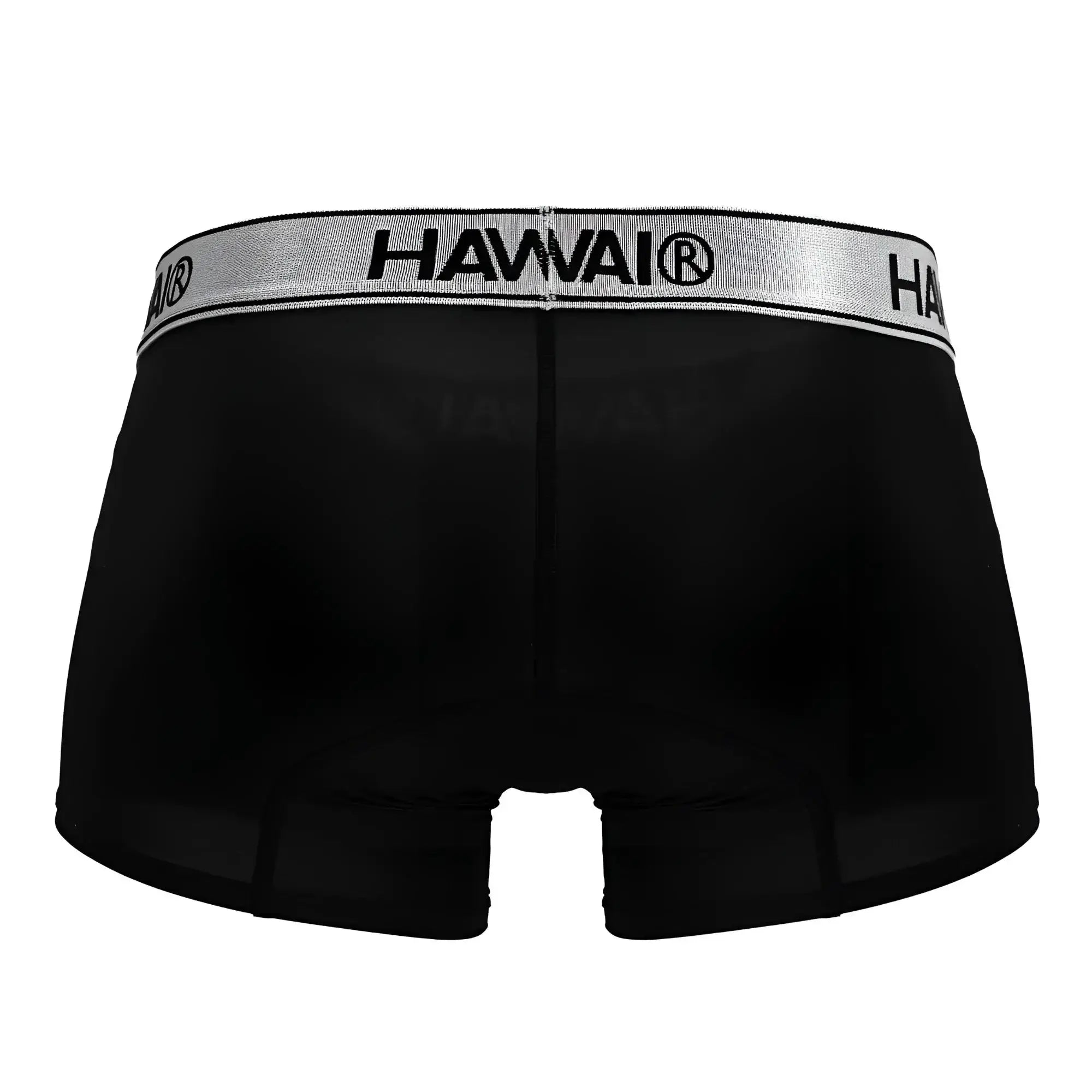 Black hawai boxer briefs in black microfiber with silver waistband featuring bold black lettering HAWAIR 41977 trunks
