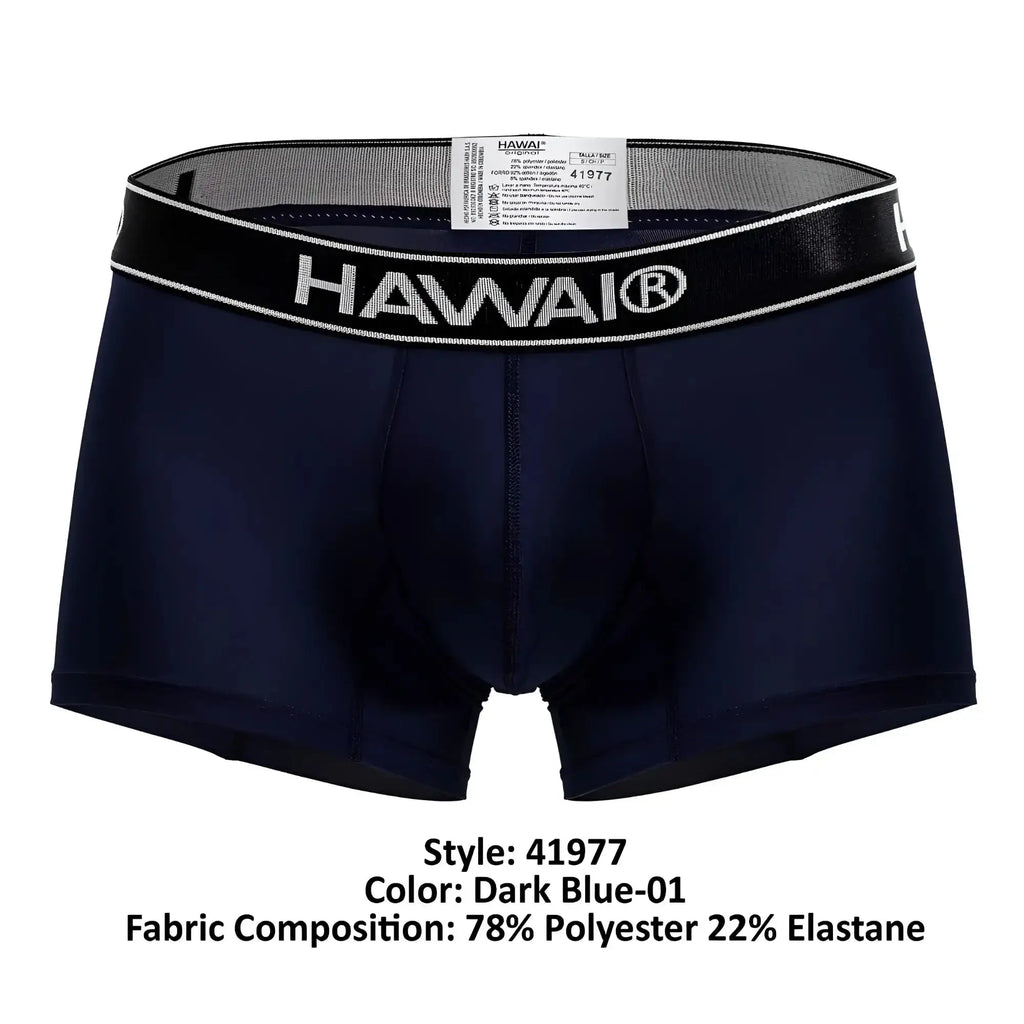 Dark blue hawai boxer briefs with black elastic waistband white lettering microfiber trunks for comfortable wear