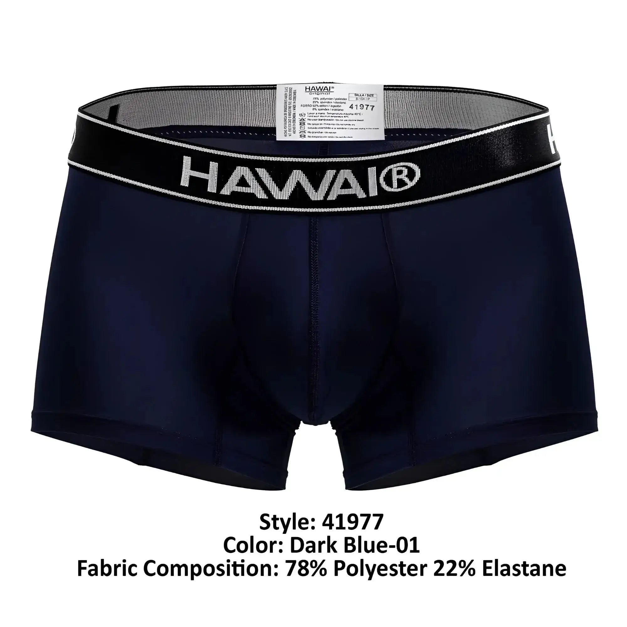 Dark blue hawai boxer briefs with black elastic waistband white lettering microfiber trunks for comfortable wear