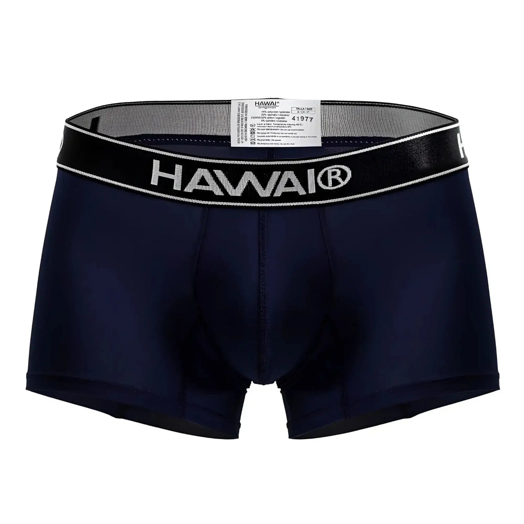 Navy blue hawaii brand microfiber boxer briefs with black elastic waistband featuring white lettering and trim