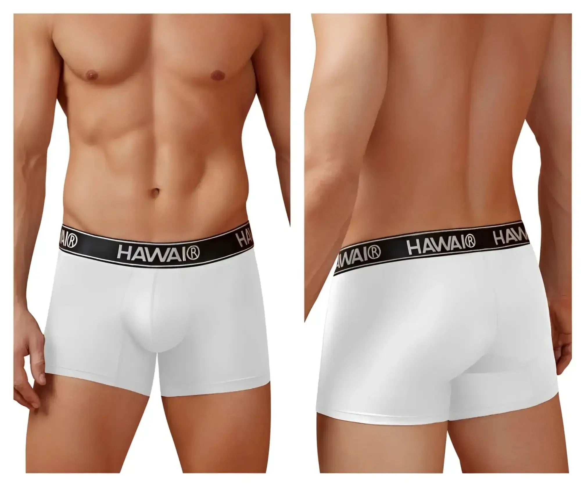 White hawaii microfiber boxer briefs in white with black elastic waistband featuring brand name in white lettering